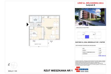 Rzut - Mieszkanie na sprzedaż 2 pokoje o powierzchni 49,4 m² - numer B.1 w Wólczańska 248 - etap II