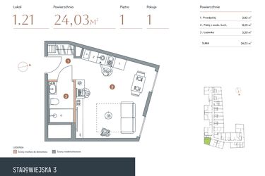 Rzut - Mieszkanie na sprzedaż 1 pokój o powierzchni 24,03 m² - numer 1.21 w Starowiejska 3