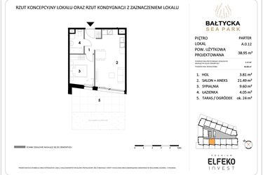Rzut - Mieszkanie na sprzedaż 2 pokoje o powierzchni 38,95 m² - numer A.0.12 w Bałtycka Sea Park