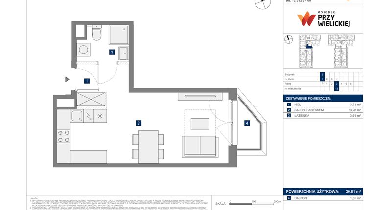 Rzut - Mieszkanie na sprzedaż 1 pokój o powierzchni 30,61 m² - numer B-18 w Osiedle przy Wielickiej etap 1.2