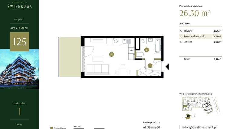 Rzut - Mieszkanie na sprzedaż 1 pokój o powierzchni 26,3 m² - numer 125 w Rezydencja Świerkowa