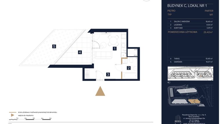 Rzut - Mieszkanie na sprzedaż 1 pokój o powierzchni 26,42 m² - numer C1 w Rezydencja Zegrze etap III