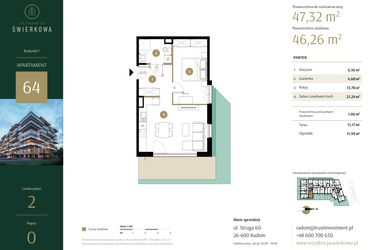 Rzut - Mieszkanie na sprzedaż 2 pokoje o powierzchni 47,32 m² - numer 64 w Rezydencja Świerkowa