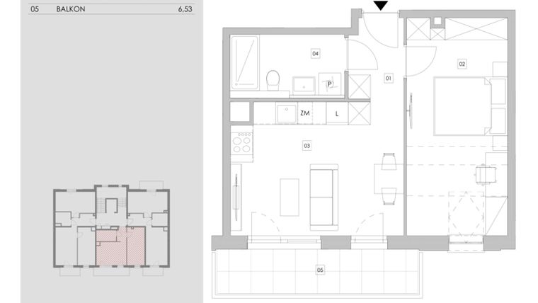 Rzut - Mieszkanie na sprzedaż 2 pokoje o powierzchni 36,44 m² - numer 98.3.11 w ATAL Bronowice