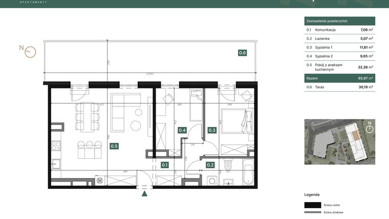 Rzut - Mieszkanie na sprzedaż 3 pokoje o powierzchni 65,97 m² - numer M43 w Sadyba 2.0