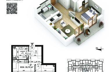 Rzut - Mieszkanie na sprzedaż 2 pokoje o powierzchni 39,75 m² - numer 36 w Piano Park etap VI