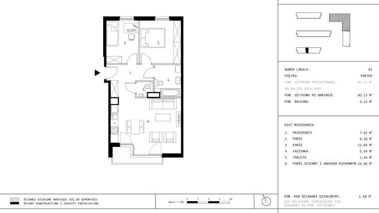 Rzut - Mieszkanie na sprzedaż 3 pokoje o powierzchni 60,21 m² - numer C4.0 w Wynalazek 3A