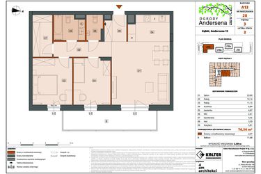 Rzut - Mieszkanie na sprzedaż 3 pokoje o powierzchni 76,36 m² - numer 28A w Ogrody Andersena