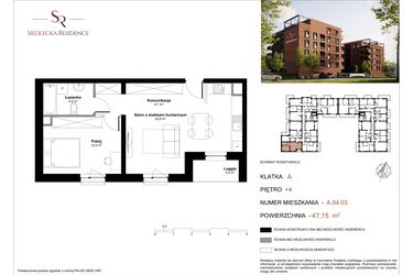 Rzut - Mieszkanie na sprzedaż 2 pokoje o powierzchni 47,8 m² - numer A-04-03 w Siedlecka Residence