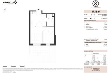 Rzut - Mieszkanie na sprzedaż 2 pokoje o powierzchni 37,18 m² - numer A/3/0.3 w Smardzewska 8