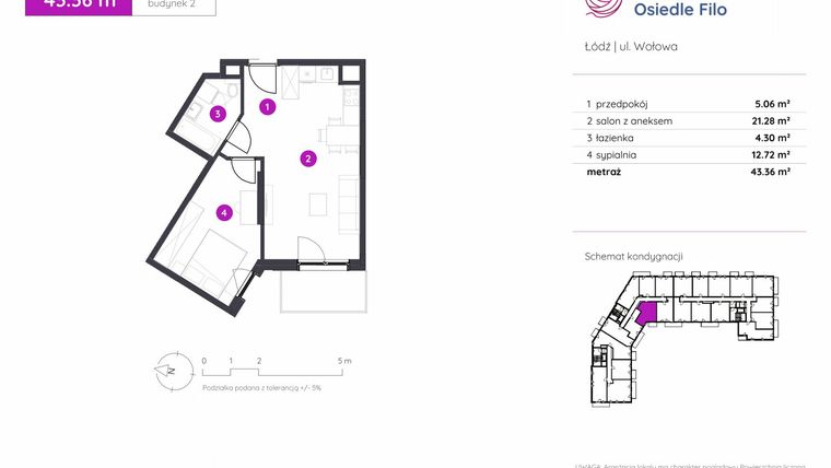 Rzut - Mieszkanie na sprzedaż 2 pokoje o powierzchni 43,36 m² - numer 2.B.1.05 w Murapol Osiedle Filo etap II