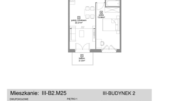 Rzut - Mieszkanie na sprzedaż 2 pokoje o powierzchni 45,07 m² - numer III-B2.M25 w Strefa Cegielnia 3