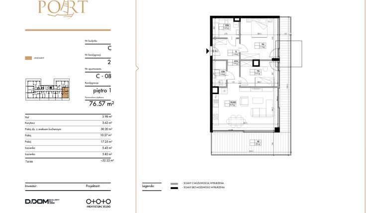 Rzut - Mieszkanie na sprzedaż 3 pokoje o powierzchni 76,57 m² - numer 8 w Warmiński Port etap III