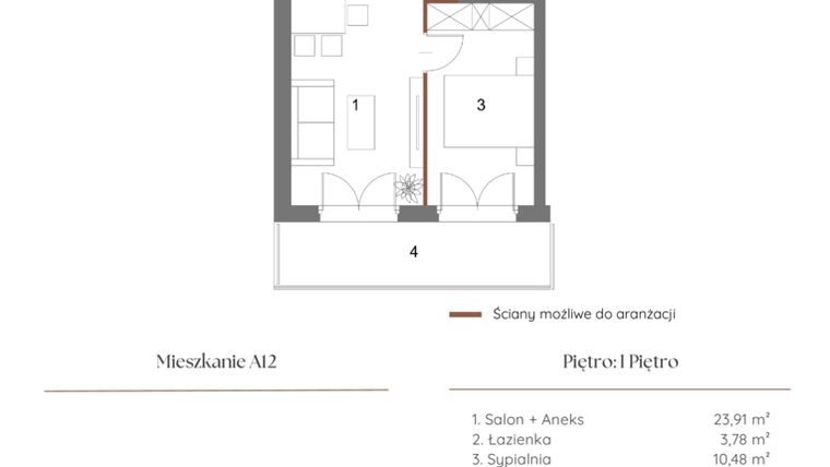 Rzut - Mieszkanie na sprzedaż 2 pokoje o powierzchni 38,75 m² - numer A12 w Dąbrowskiego 9