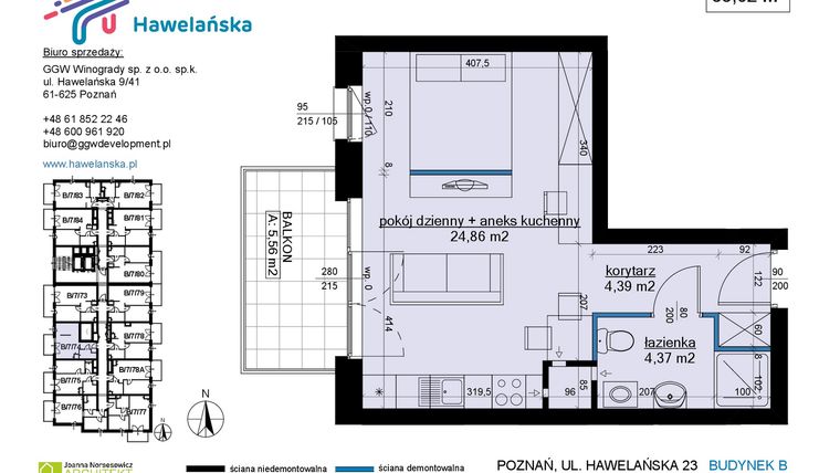 Rzut - Mieszkanie na sprzedaż 1 pokój o powierzchni 33,62 m² - numer B/7/74 w Osiedle Hawelańska etap III - bud. B