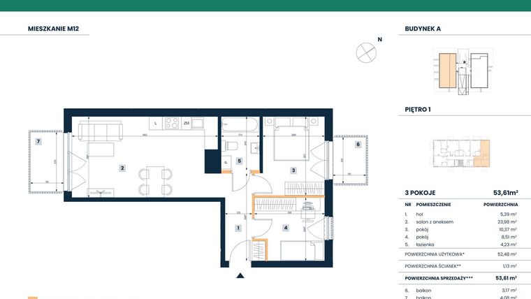 Rzut - Mieszkanie na sprzedaż 3 pokoje o powierzchni 52,48 m² - numer M12 w Reneta