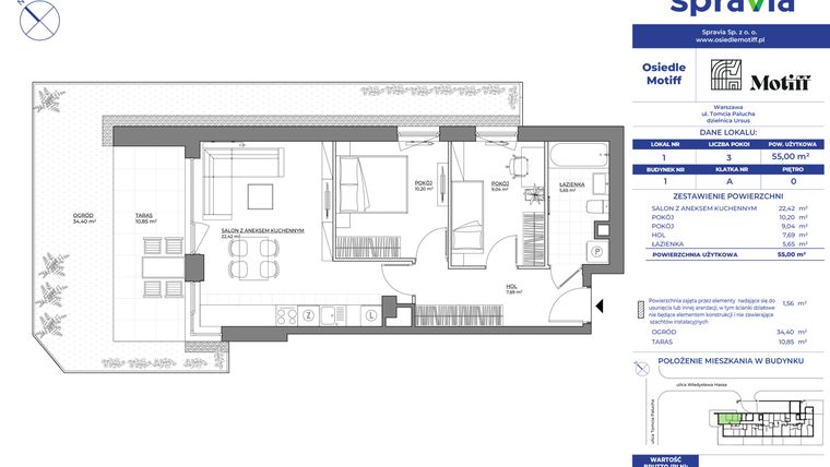 Rzut - Mieszkanie na sprzedaż 3 pokoje o powierzchni 55 m² - numer 1/1 w Osiedle Motiff