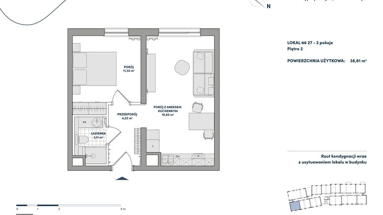 Rzut - Mieszkanie na sprzedaż 2 pokoje o powierzchni 38,81 m² - numer 27 w AtHome - Apartamenty inwestycyjne