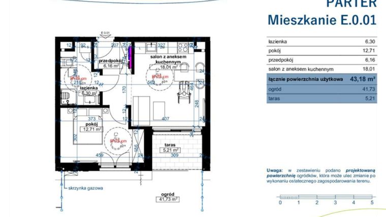 Rzut - Mieszkanie na sprzedaż 2 pokoje o powierzchni 43,18 m² - numer E.0.01 w Wzgórze Poetów 2