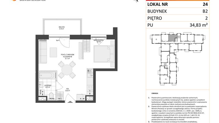 Rzut - Mieszkanie na sprzedaż 1 pokój o powierzchni 34,83 m² - numer 24 w Locus 2 bud. B2