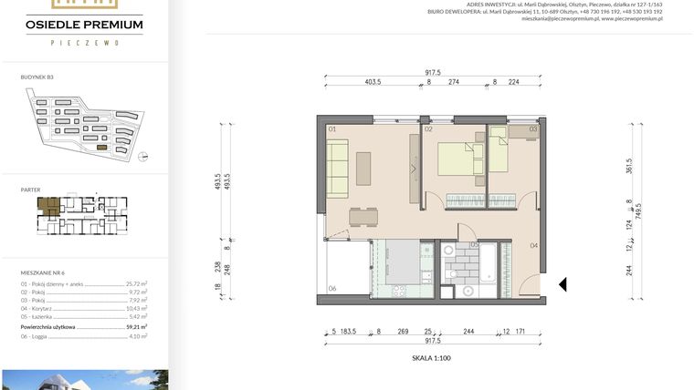 Rzut - Mieszkanie na sprzedaż 3 pokoje o powierzchni 59,21 m² - numer B3.6 w Osiedle Premium etap IV