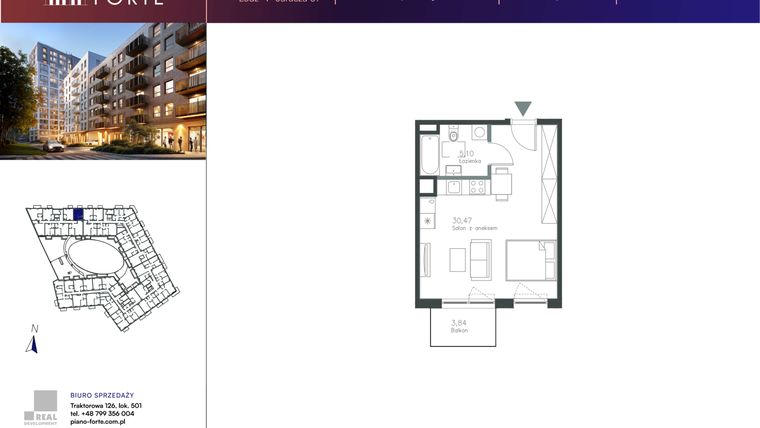 Rzut - Mieszkanie na sprzedaż 1 pokój o powierzchni 35,87 m² - numer A.1.02 w Piano