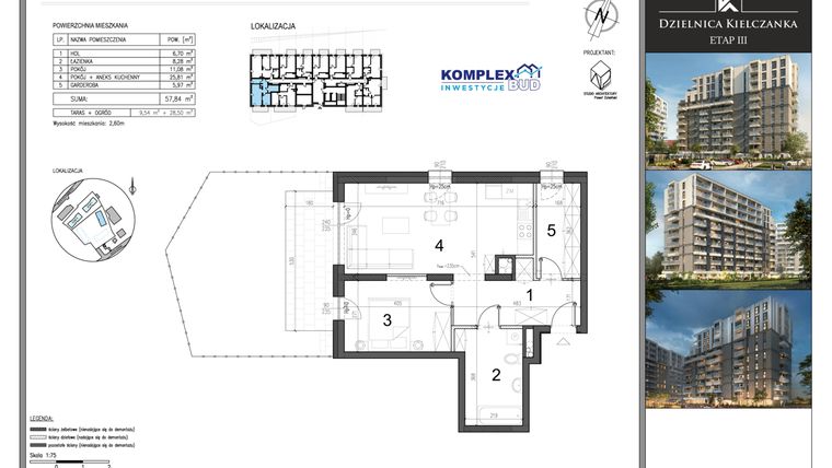 Rzut - Mieszkanie na sprzedaż 2 pokoje o powierzchni 57,84 m² - numer M2 w Dzielnica Kielczanka etap III