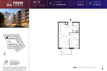 Rzut - Mieszkanie na sprzedaż 1 pokój o powierzchni 37,6 m² - numer A.1.05 w Piano