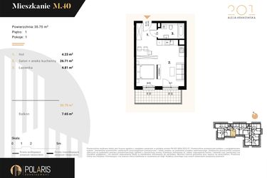 Rzut - Mieszkanie na sprzedaż 1 pokój o powierzchni 35,75 m² - numer M40 w Aleja Krakowska 201