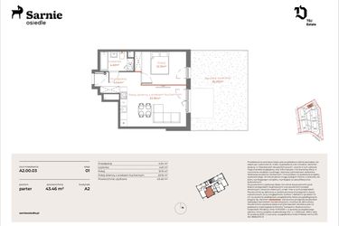 Rzut - Mieszkanie na sprzedaż 2 pokoje o powierzchni 43,46 m² - numer A2-00.03 w Sarnie Osiedle