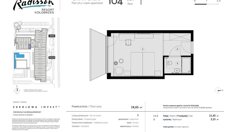 Rzut - Mieszkanie na sprzedaż 1 pokój o powierzchni 24,65 m² - numer 104 w Radisson Resort, Kołobrzeg