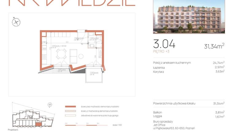 Rzut - Mieszkanie na sprzedaż 1 pokój o powierzchni 31,34 m² - numer 3.04 w Na Wildzie