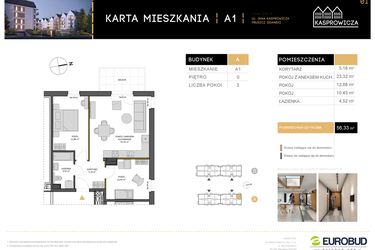 Rzut - Mieszkanie na sprzedaż 3 pokoje o powierzchni 56,33 m² - numer A.1 w Osiedle Kasprowicza