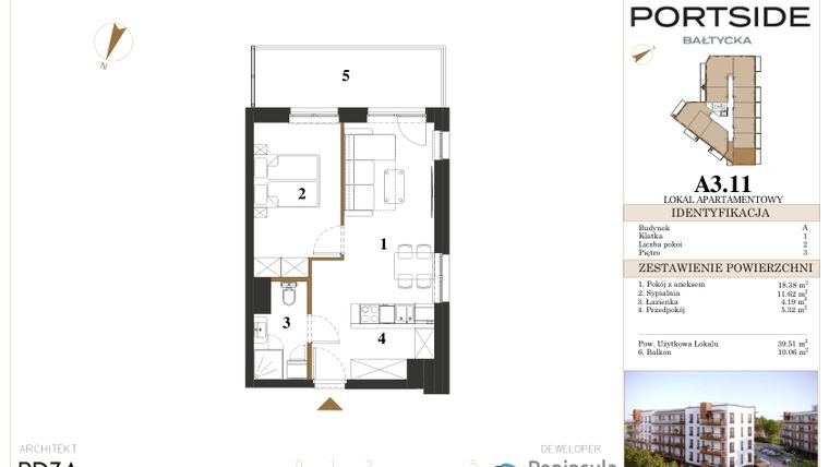 Rzut - Mieszkanie na sprzedaż 2 pokoje o powierzchni 39,51 m² - numer A3.11 w Portside Bałtycka