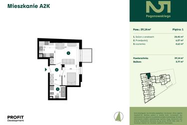 Rzut - Mieszkanie na sprzedaż 1 pokój o powierzchni 39,14 m² - numer POGO2/A/2K w Pogonowskiego 52