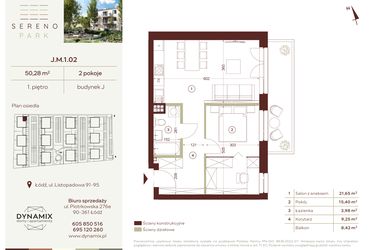 Rzut - Mieszkanie na sprzedaż 2 pokoje o powierzchni 50,28 m² - numer J.M.1.02 w Sereno Park
