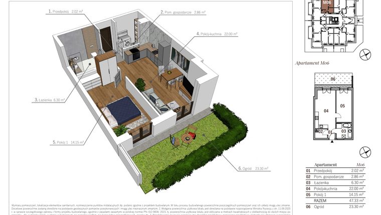 Rzut - Mieszkanie na sprzedaż 2 pokoje o powierzchni 47,33 m² - numer M06 w Przy Parku etap II