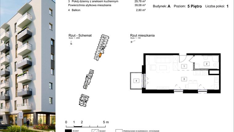 Rzut - Mieszkanie na sprzedaż 1 pokój o powierzchni 39,08 m² - numer A.68 w Osiedle Kochanowskiego - Gliwice