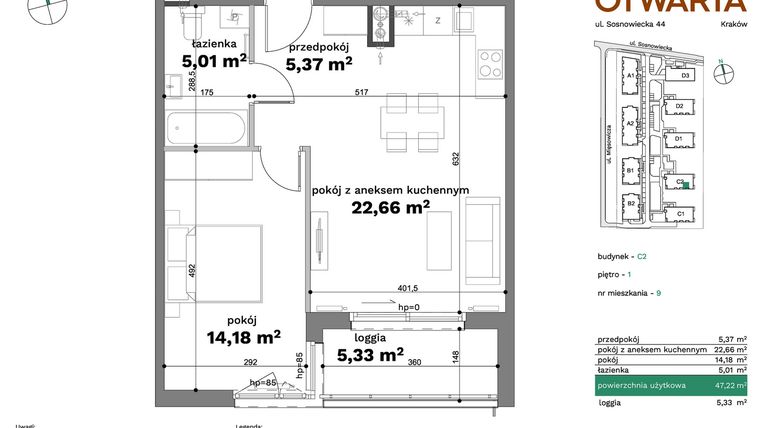 Rzut - Mieszkanie na sprzedaż 2 pokoje o powierzchni 47,22 m² - numer C2-9 w Forma Otwarta etap C