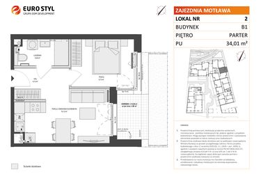 Rzut - Mieszkanie na sprzedaż 1 pokój o powierzchni 34,01 m² - numer B1.2 w Zajezdnia Motława