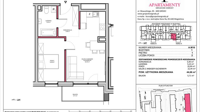 Rzut - Mieszkanie na sprzedaż 2 pokoje o powierzchni 44,66 m² - numer A.16 w Apartamenty Grójeckie Ogrody