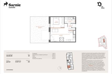 Rzut - Mieszkanie na sprzedaż 2 pokoje o powierzchni 41,07 m² - numer A3-00.09 w Sarnie Osiedle