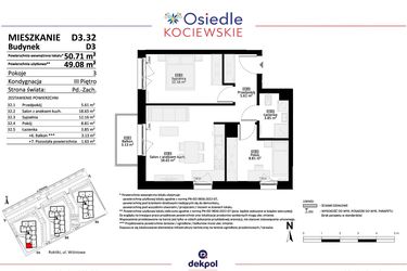 Rzut - Mieszkanie na sprzedaż 3 pokoje o powierzchni 49,08 m² - numer D3.32 w Osiedle Kociewskie etap IV