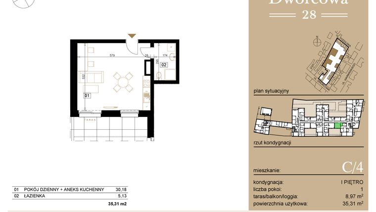 Rzut - Mieszkanie na sprzedaż 1 pokój o powierzchni 35,61 m² - numer C4 w Dworcowa 28