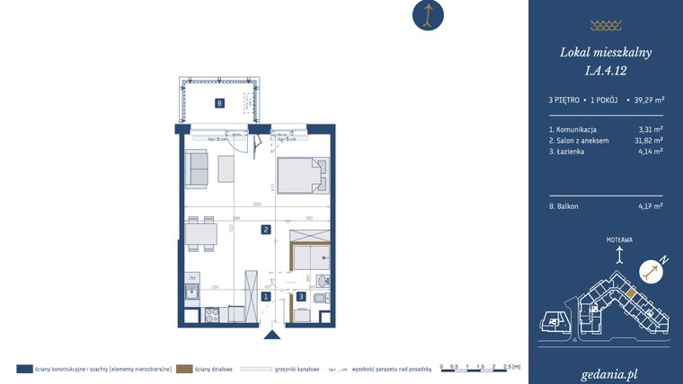Rzut - Mieszkanie na sprzedaż 1 pokój o powierzchni 39,27 m² - numer I.A.4.12 w GEDANIA Riverside Living