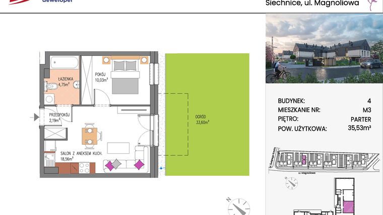Rzut - Mieszkanie na sprzedaż 2 pokoje o powierzchni 35,53 m² - numer Bud.4-3 w Willa Magnolia