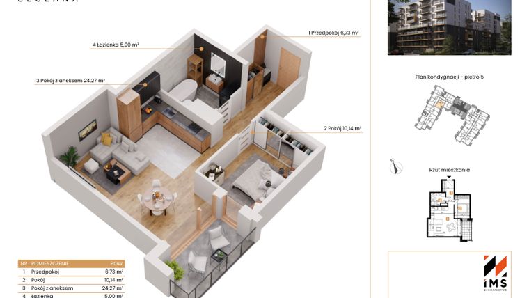 Rzut - Mieszkanie na sprzedaż 2 pokoje o powierzchni 45,96 m² - numer C.5.3 w Rondo Ceglana etap II
