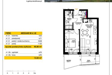 Rzut - Mieszkanie na sprzedaż 2 pokoje o powierzchni 40,8 m² - numer A 1.02 w Park Moniuszki II C