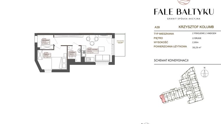 Rzut - Mieszkanie na sprzedaż 2 pokoje o powierzchni 38,29 m² - numer FB-039-A39 w Fale Bałtyku Kolumb AB