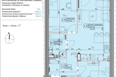 Rzut - Mieszkanie na sprzedaż 3 pokoje o powierzchni 54,95 m² - numer 77B w Osiedle Młodych etap VII